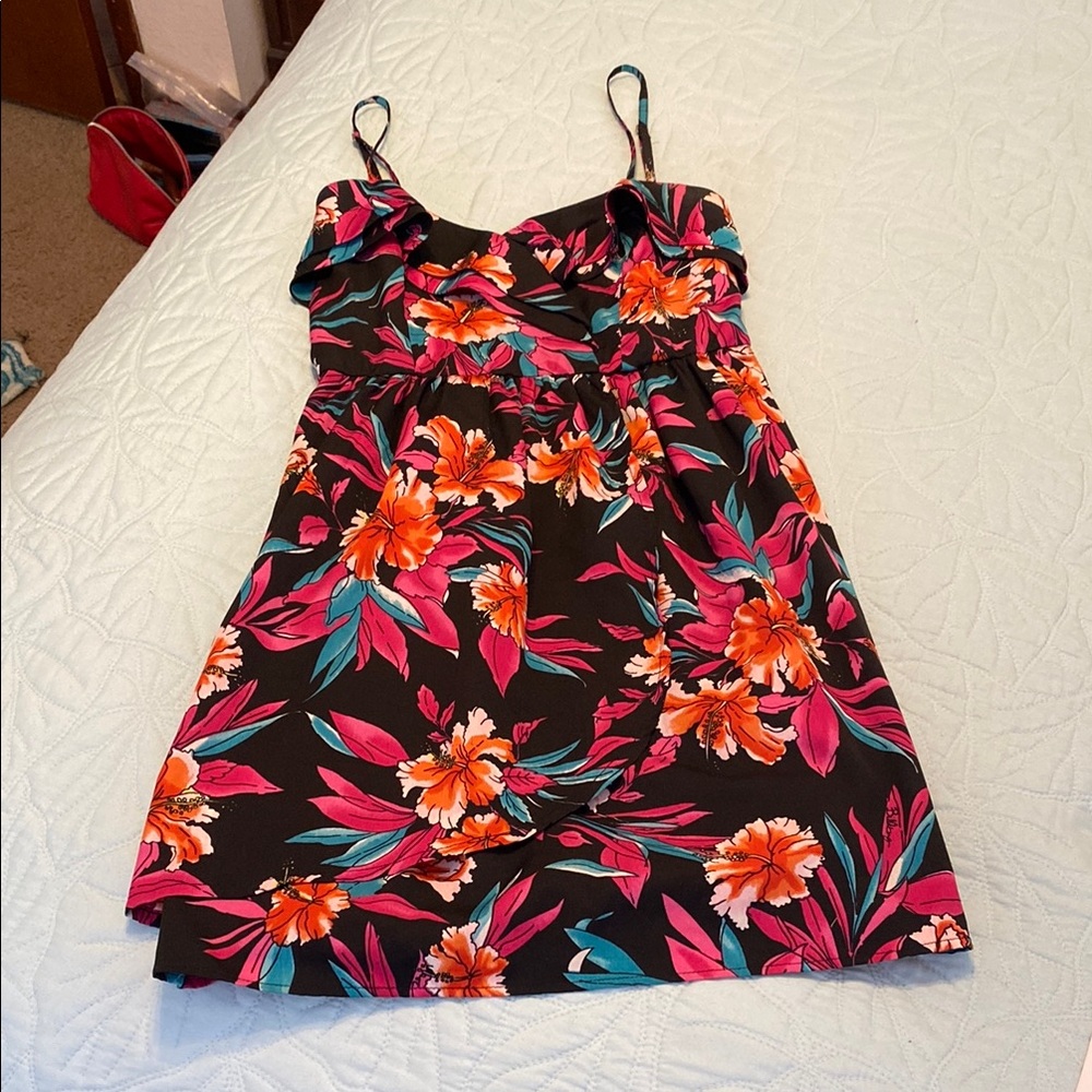 Billabong Floral Black Dress with Pink and Orange Accents
